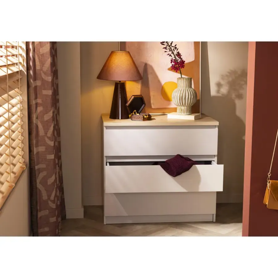 Leen Bakker Ladekast Naia 3 lades - greige/eiken - 70,1x77x50 cm