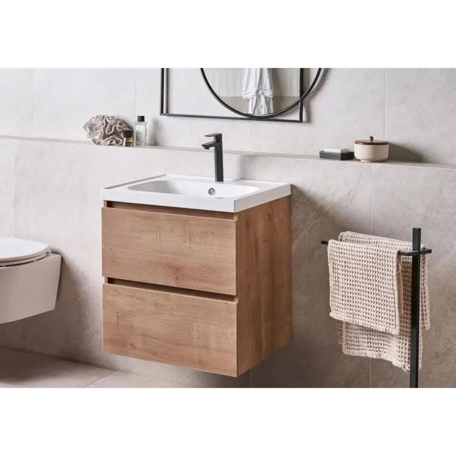 Wastafelkasten-Leen Bakker LAGOA - Wandgemonteerd meubel met wasbak - Lichtbruin - 60 cm - MDF