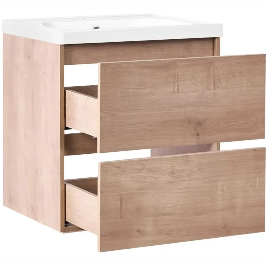 Wastafelkasten-Leen Bakker LAGOA - Wandgemonteerd meubel met wasbak - Lichtbruin - 60 cm - MDF