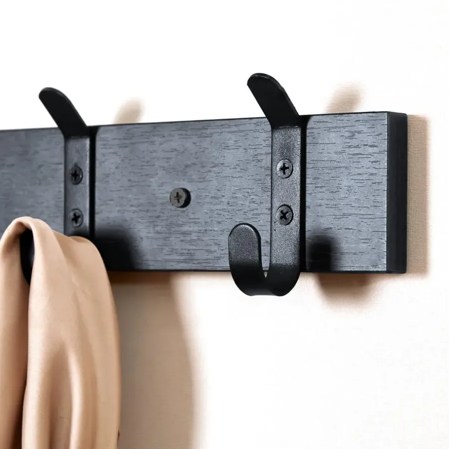 Kapstokken-ACAZA Lange wandkapstok - 8 zwarte haken - 88x6.5x1.5 cm - zwart