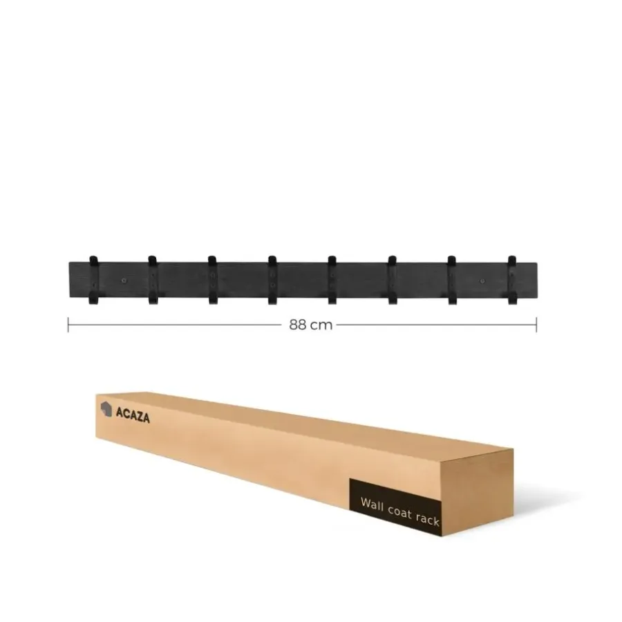 Kapstokken-ACAZA Lange wandkapstok - 8 zwarte haken - 88x6.5x1.5 cm - zwart