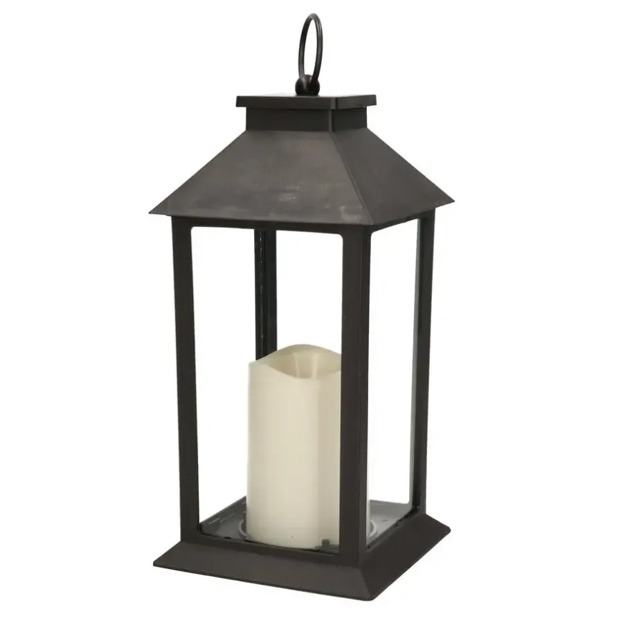 Kandelaars En Windlichten-Merkloos Lantaarn - zwart - kaars met LED verlichting - 33 cm
