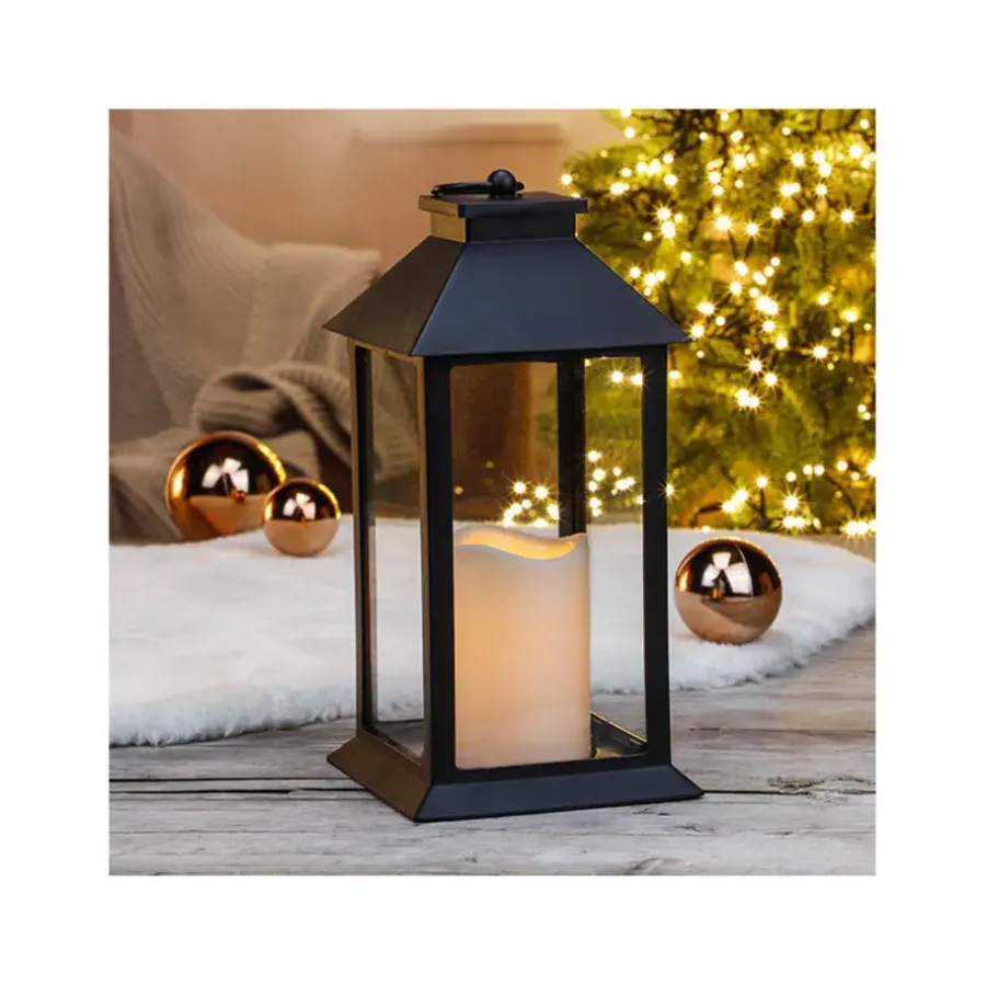 Kandelaars En Windlichten-Merkloos Lantaarn - zwart - kaars met LED verlichting - 33 cm