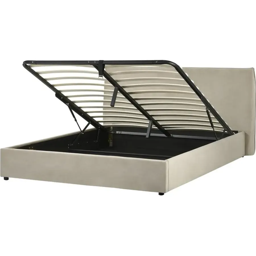 2-Persoons Bedden-Beliani LAVAUR - Bed met opbergruimte - Taupe - 160 x 200 cm - Fluweel