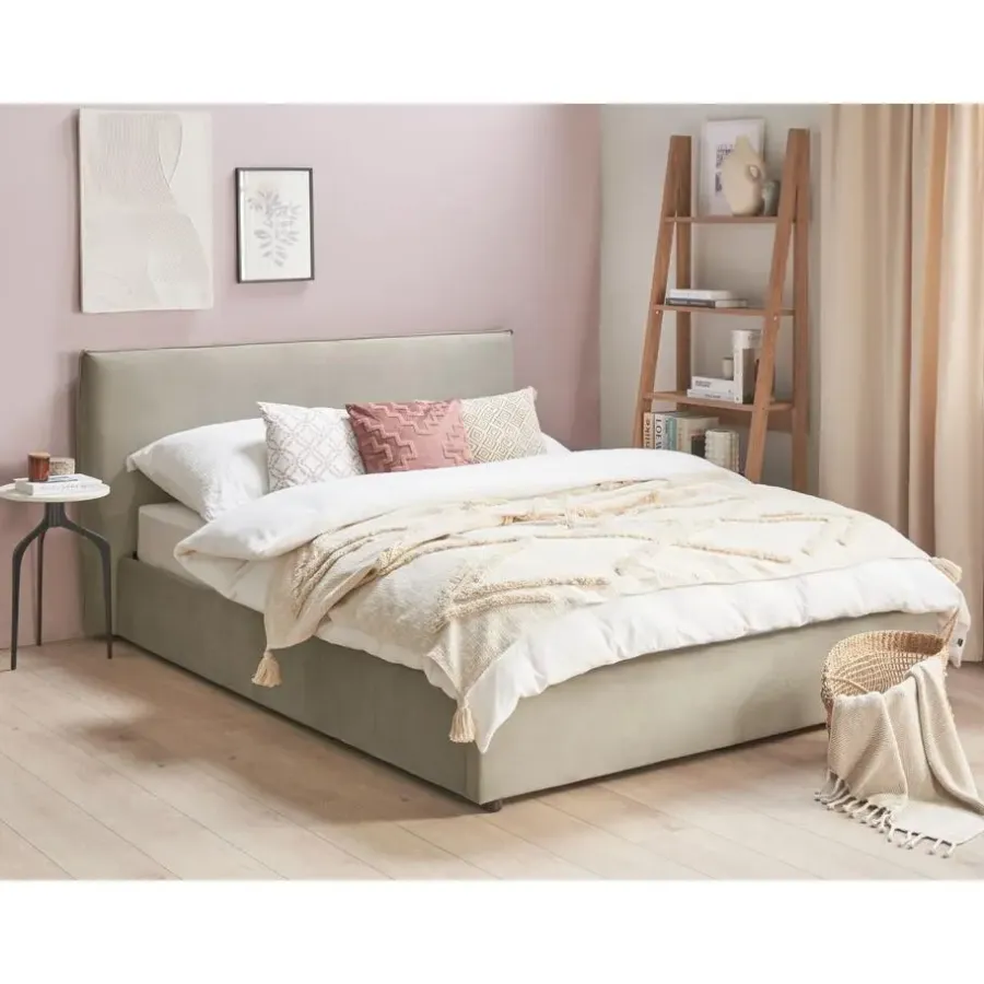 2-Persoons Bedden-Beliani LAVAUR - Bed met opbergruimte - Taupe - 160 x 200 cm - Fluweel