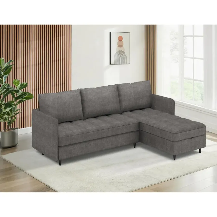 Slaapbanken|Slaapbanken-Dorel Home Lindhus - Bank met chaise longue omkeerbaar in stof grijs