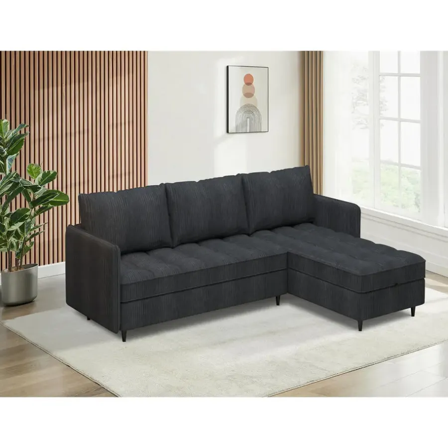 Slaapbanken|Slaapbanken-Dorel Home Lindhus - Bank met chaise longue omkeerbaar in corduroy antraciet