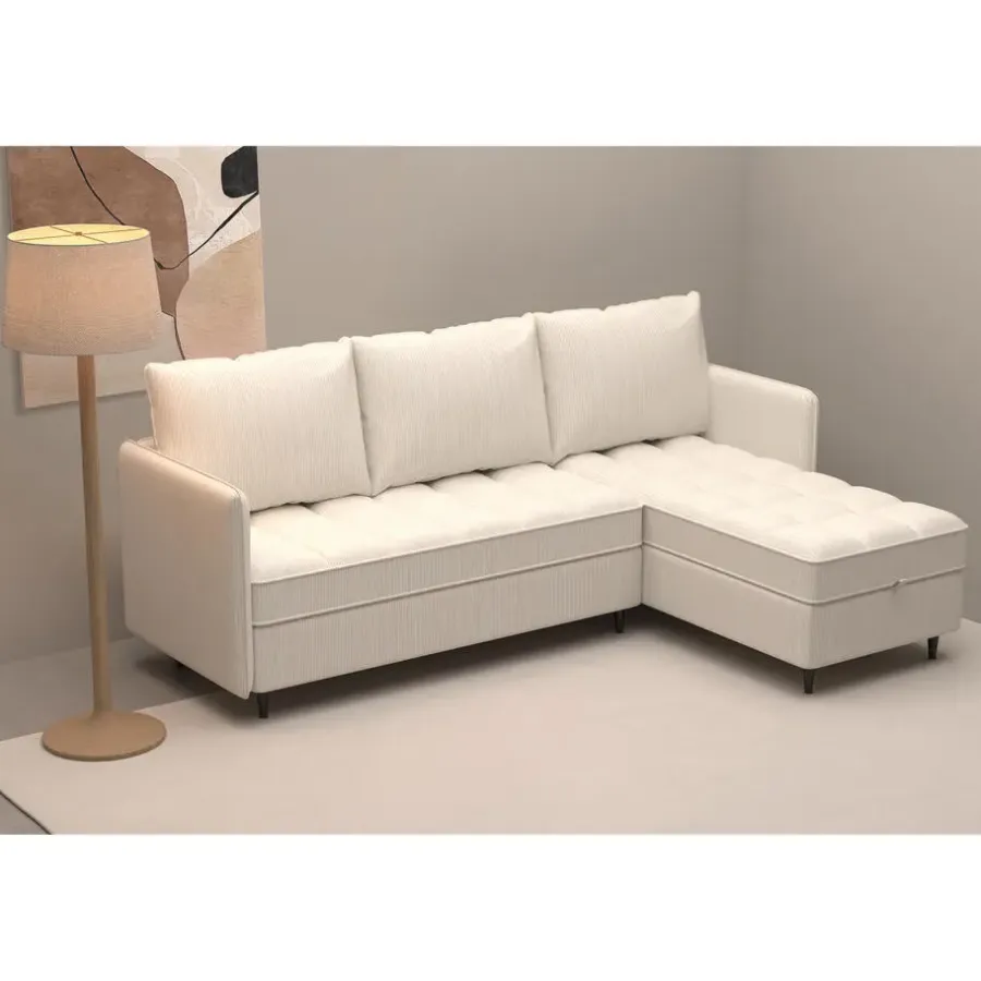 Slaapbanken|Slaapbanken-Dorel Home Lindhus - Bank met chaise longue omkeerbaar in corduroy crème