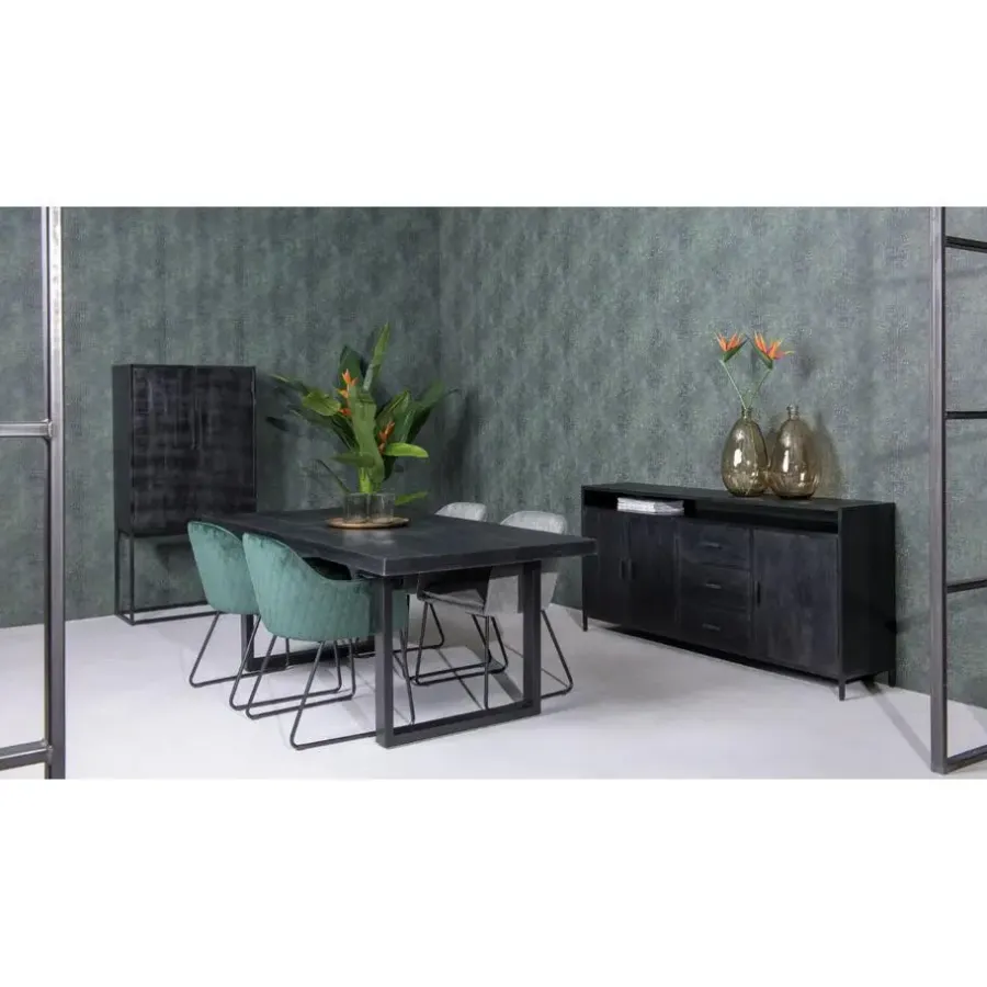 Rechthoekige Eettafels|Industriële Eettafels-Livingfurn - Eetkamertafel Kala - U-Poten - Mangohout - 200 cm - Zwart