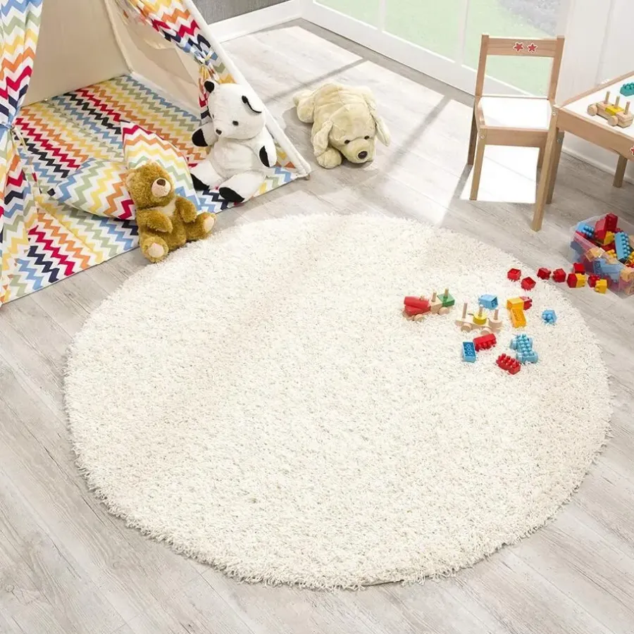 Vloerkleden|Hoogpolige Vloerkleden-Muratap Loca Shaggy Rond Vloerkleed Creme Hoogpolig - 150 CM ROND
