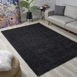 Hoogpolige Vloerkleden-Muratap Loca Shaggy Vloerkleed – Modern Uni Effen – Zwart Hoogpolig & Zacht - 160x230 CM