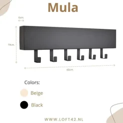 Kapstokken-Loft24 LOFT42 Mula Wandkapstok - 61x19x6 - Zwart metaal - 6 haken