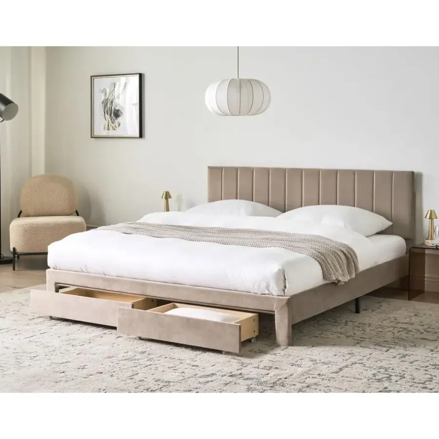 Leen Bakker LONZAC - Bed met opbergruimte - Taupe - 180 x 200 cm - Fluweel