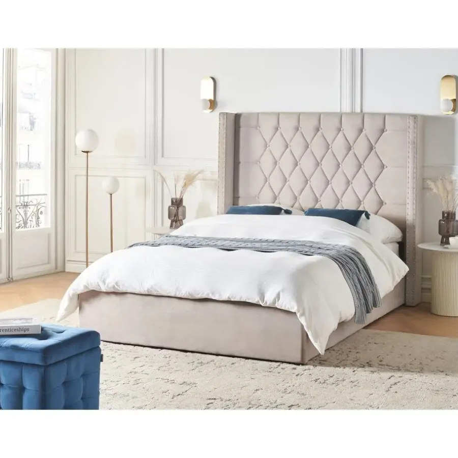 Beliani LUBBON - Bed met opbergruimte - Taupe - 140 x 200 cm - Fluweel
