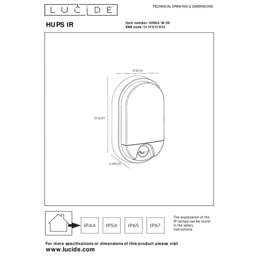 Buitenverlichting|Wandlampen-Lucide HUPS IR Wandlamp - Zwart