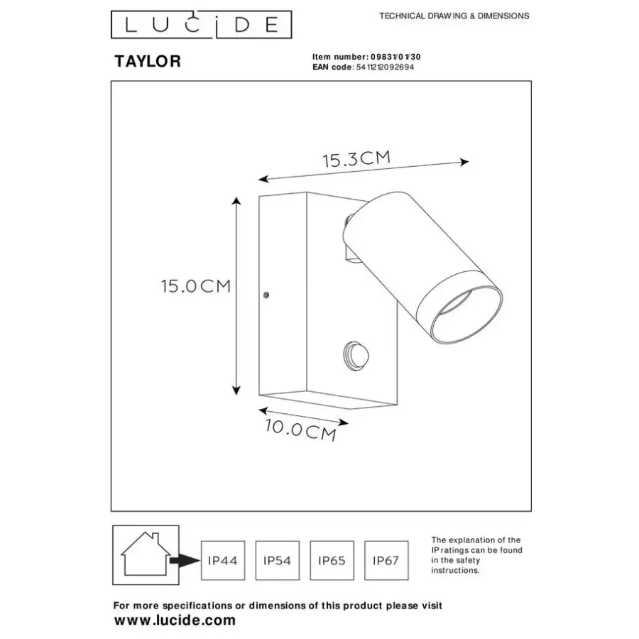 Buitenlampen Met Sensor|Wandlampen-Lucide TAYLOR Wandspot - Zwart