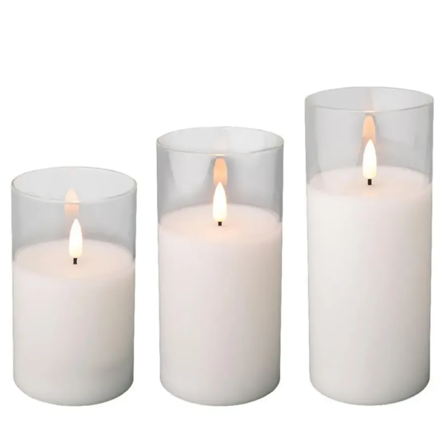 Lumineo LED stompkaarsen - 3x - wit- in glas - met timer