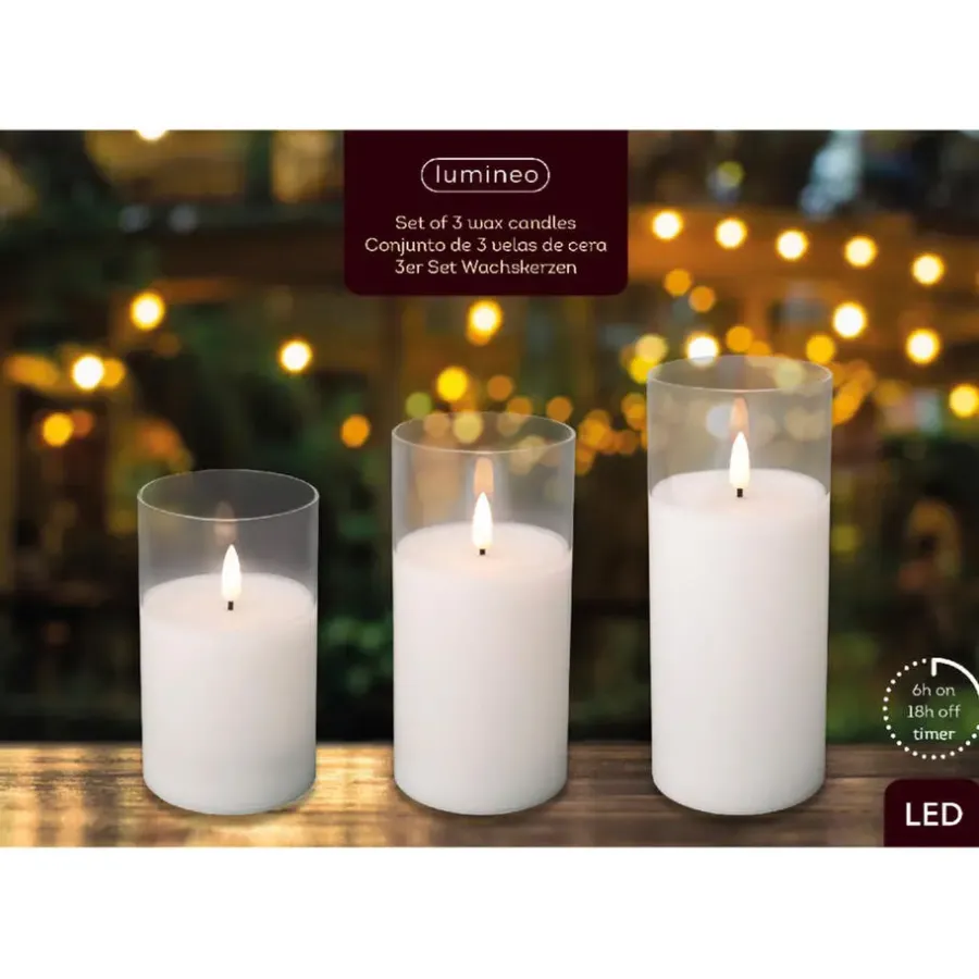 Lumineo LED stompkaarsen - 3x - wit- in glas - met timer