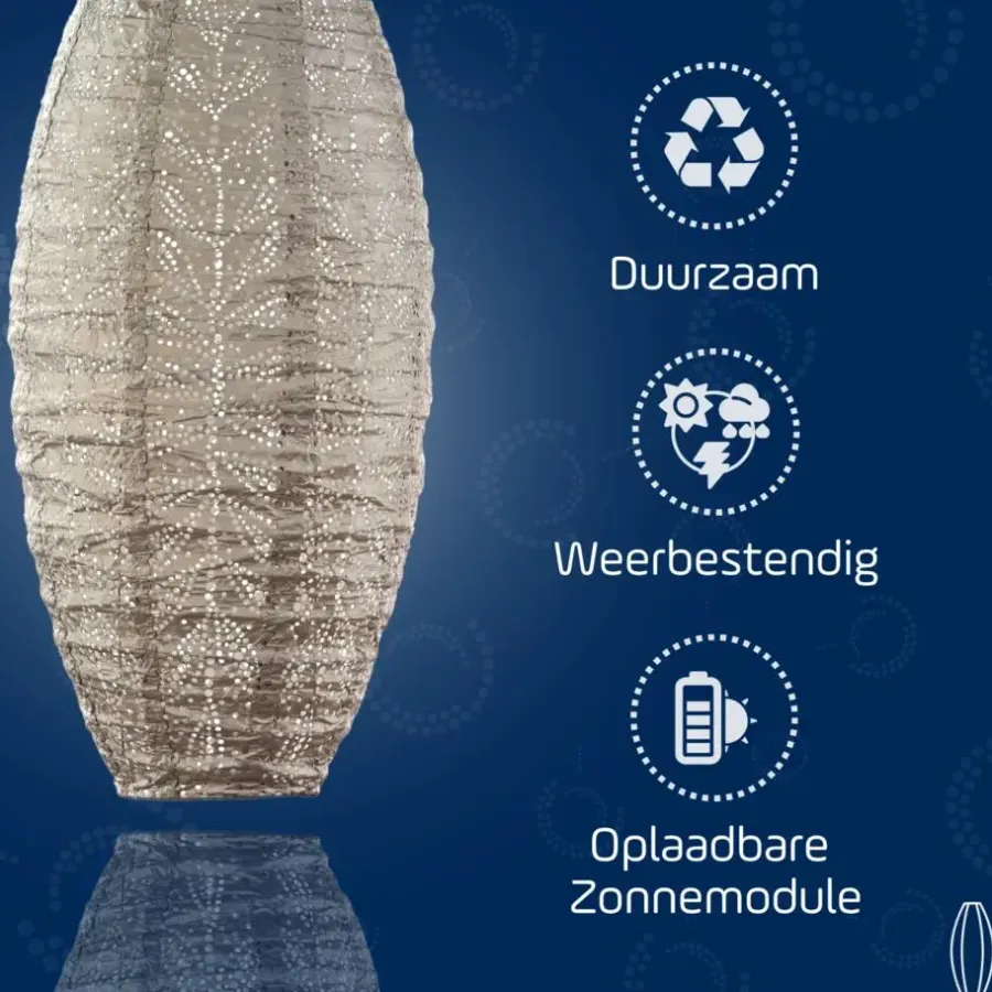 Lumiz Solar Lampion Folia Long Oval - 20 cm - Licht Taupe