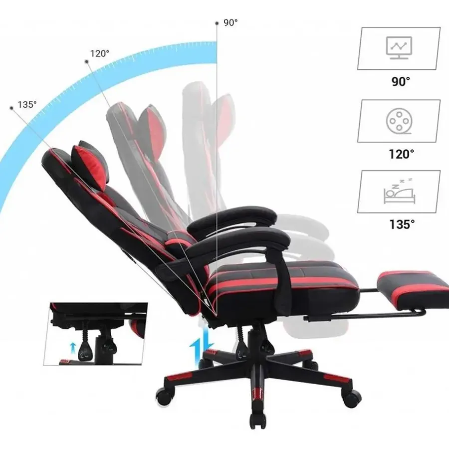 Gamestoelen-Bobbel Home Luxe Gamestoel - Met Hoofdkussen - Kunstleer - Zwart & Rood