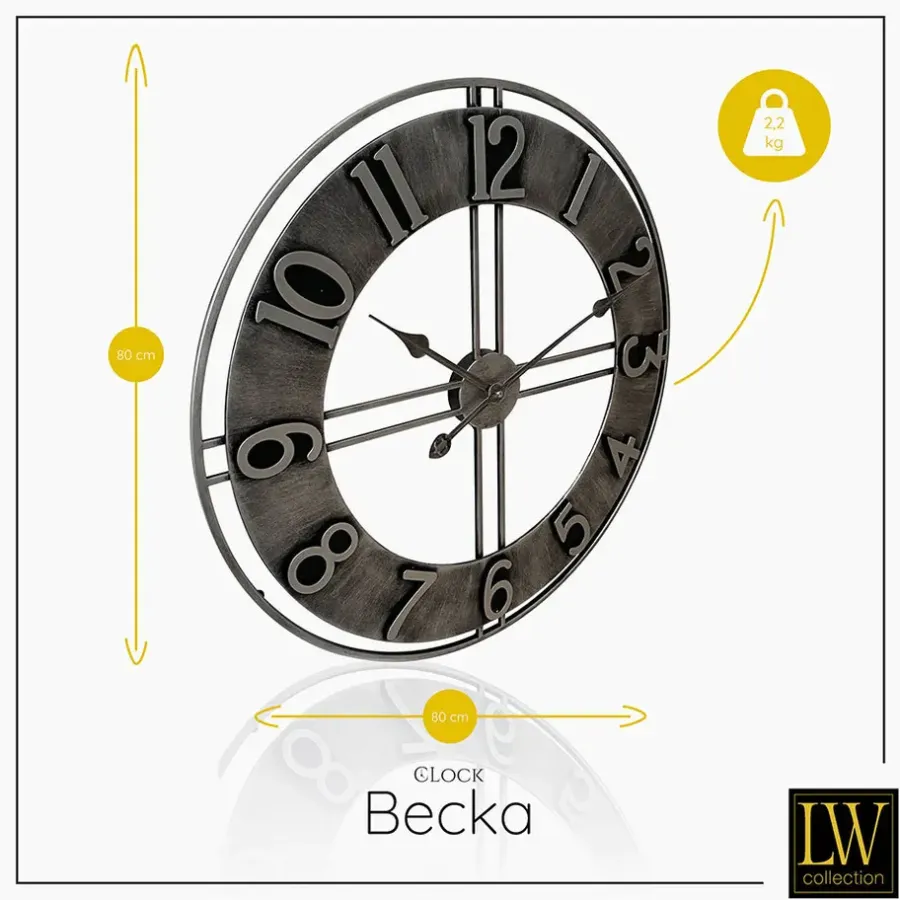 Klokken-LW Collection Wandklok Becka grijs zilver 80cm
