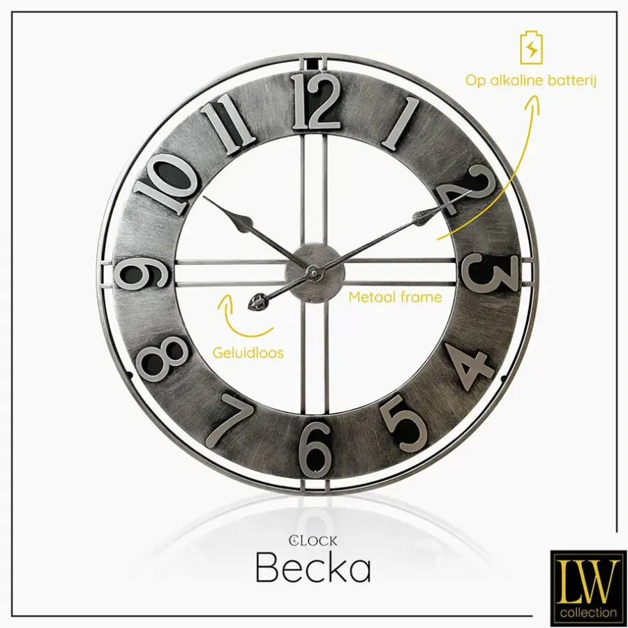 Klokken-LW Collection Wandklok Becka grijs zilver 80cm