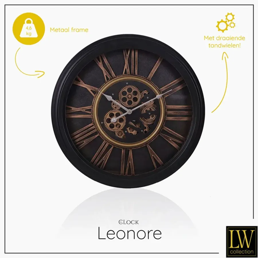 Klokken-LW Collection Wandklok radar Leonore Zwart 52cm bewegende tandwielen