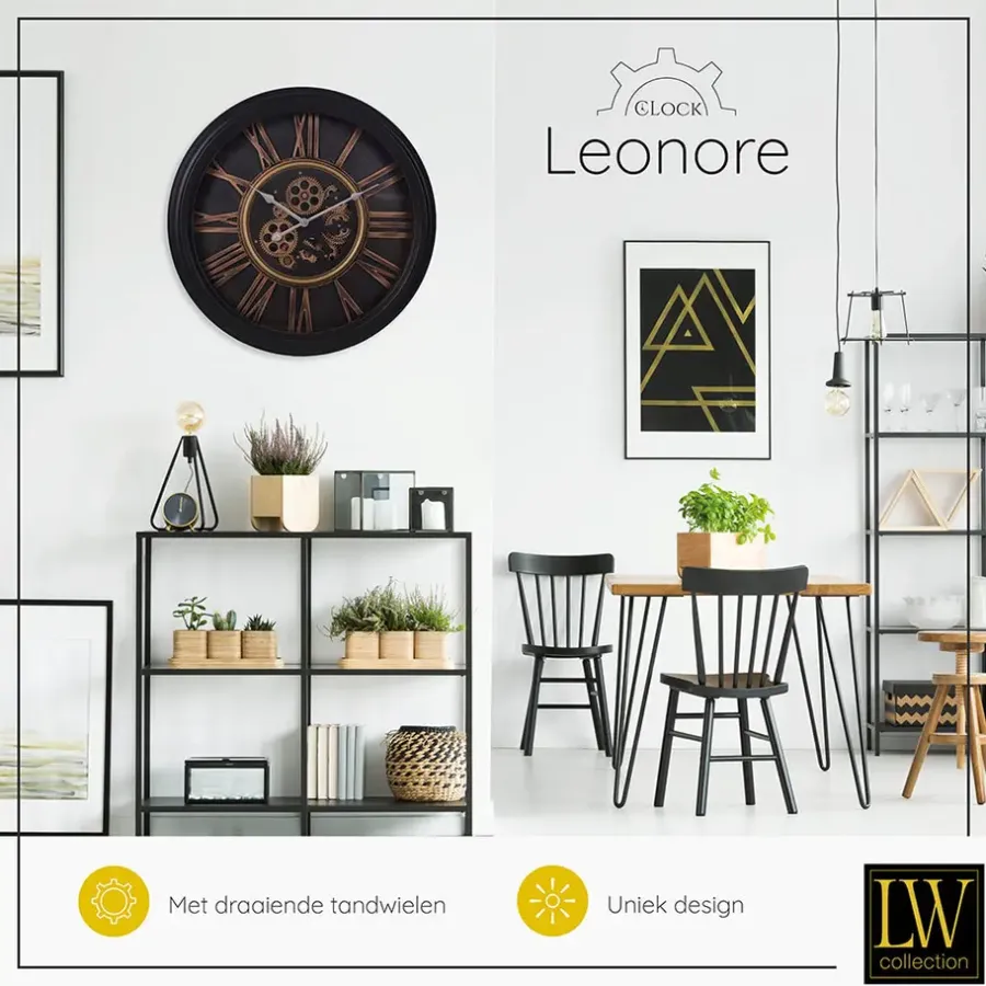 Klokken-LW Collection Wandklok radar Leonore Zwart 52cm bewegende tandwielen