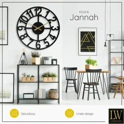 LW Collection Wandklok XL Jannah zwart met gouden wijzers 80cm