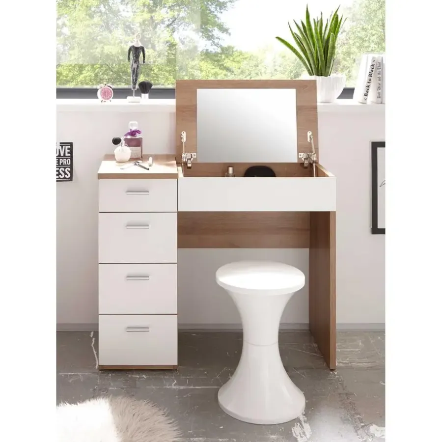 Kaptafels-Emob Make-uptafel Loïs 90cm 1 deur & 4 lades - lichte eikdecor/wit