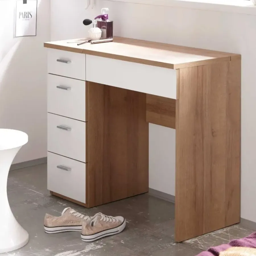 Kaptafels-Emob Make-uptafel Loïs 90cm 1 deur & 4 lades - lichte eikdecor/wit