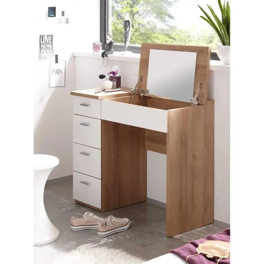 Kaptafels-Emob Make-uptafel Loïs 90cm 1 deur & 4 lades - lichte eikdecor/wit
