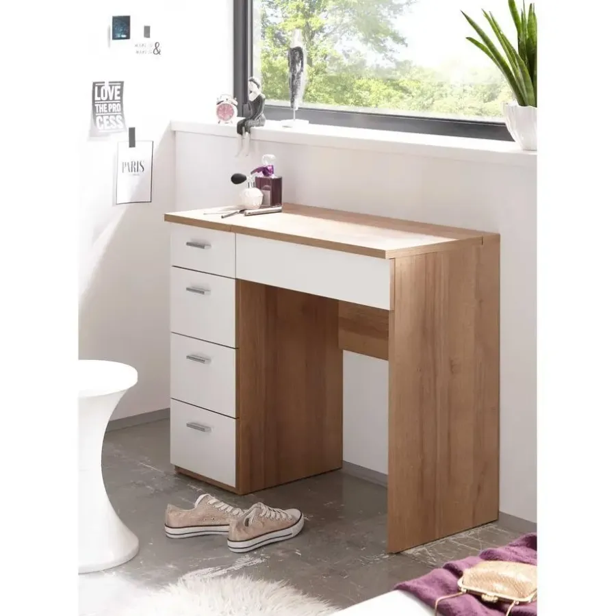 Kaptafels-Emob Make-uptafel Loïs 90cm 1 deur & 4 lades - lichte eikdecor/wit