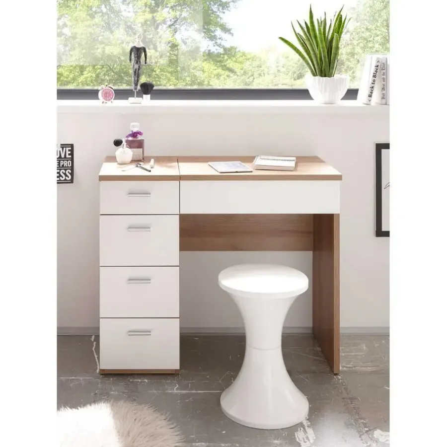Kaptafels-Emob Make-uptafel Loïs 90cm 1 deur & 4 lades - lichte eikdecor/wit
