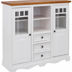 Buffetkasten-Loft24 Melissa - Kast met 2 glazen deuren en 3 laden in wit grenen