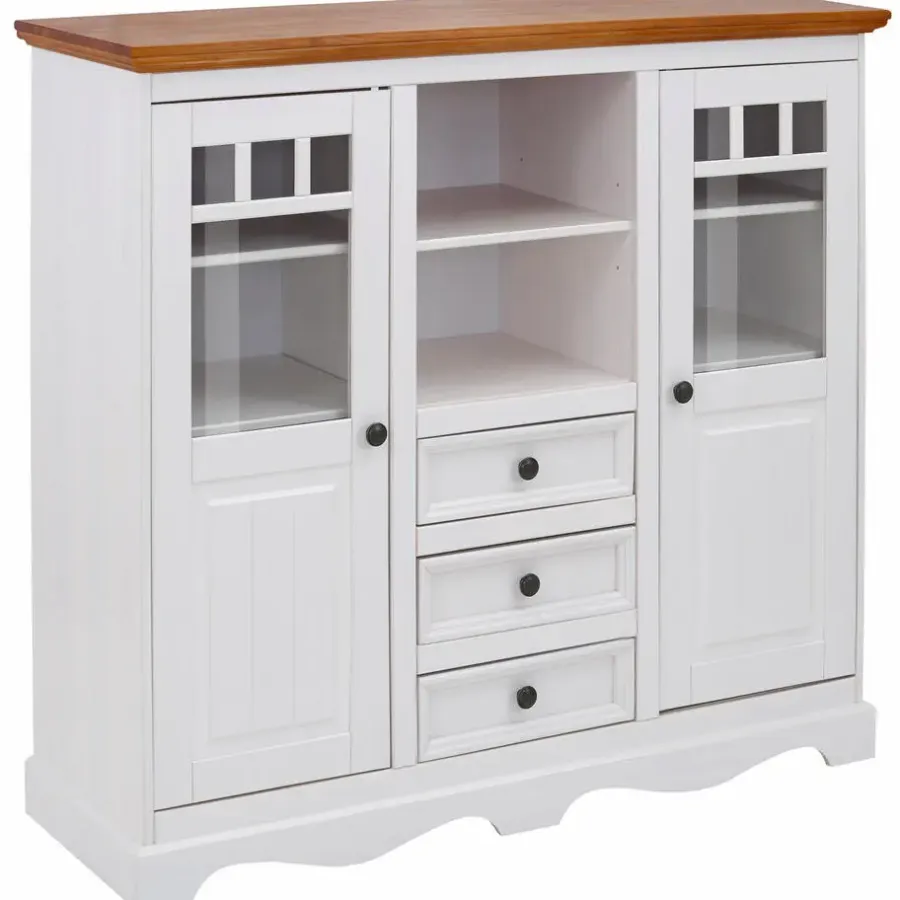 Buffetkasten-Loft24 Melissa - Kast met 2 glazen deuren en 3 laden in wit grenen