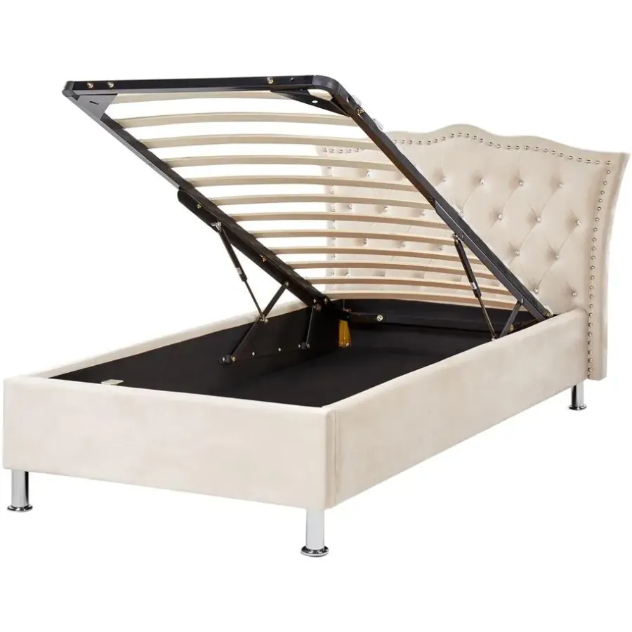 Beliani METZ - Bed met opbergruimte - Beige - 90 x 200 cm - Fluweel