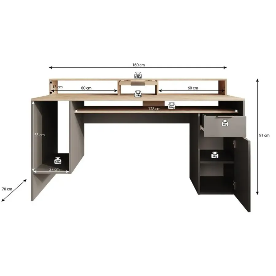 Bureaus-Meubella - Bureau Ryan - Grijs - Eiken - 160 cm