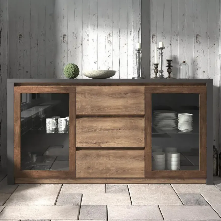 Meubella - Dressoir Monaco - Eiken - Grijs - 140 cm - Met glas