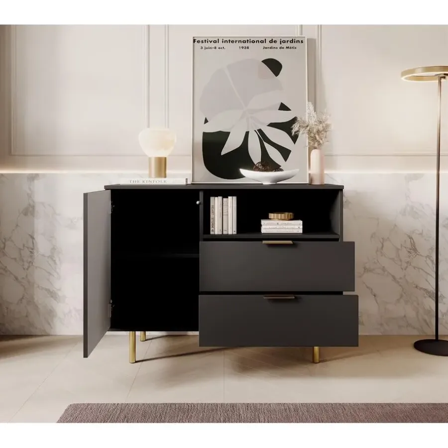Dressoirs-Meubella - Dressoir Nicola - Mat zwart - 107 cm