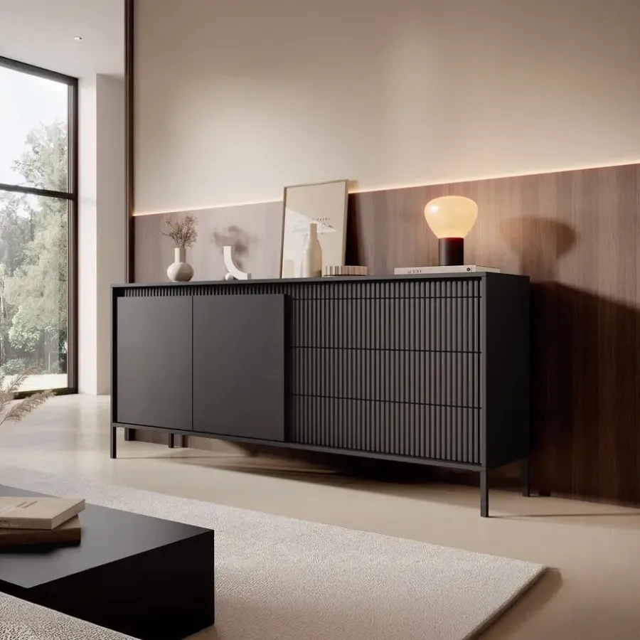 Dressoirs-Meubella - Dressoir Saran - Mat zwart - 187 cm
