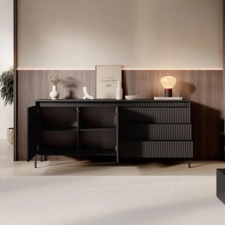 Dressoirs-Meubella - Dressoir Saran - Mat zwart - 187 cm