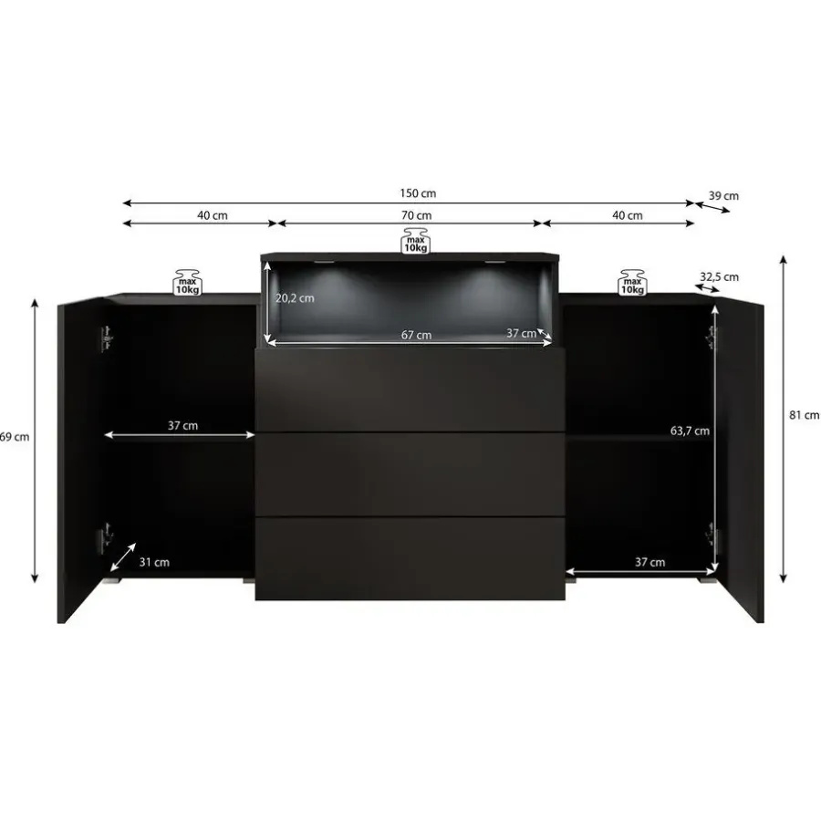 Dressoirs-Meubella - Dressoir Universal - Mat Zwart - 150 cm