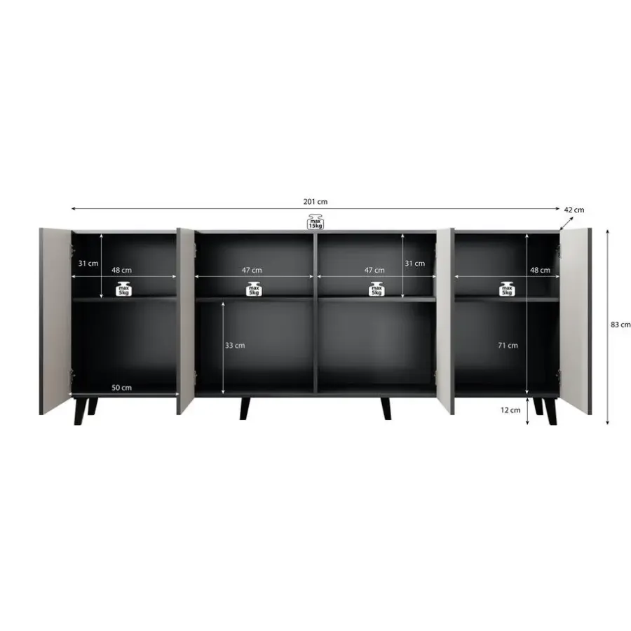 Dressoirs-Meubella - Dressoir Vintar - Antraciet - 200 cm
