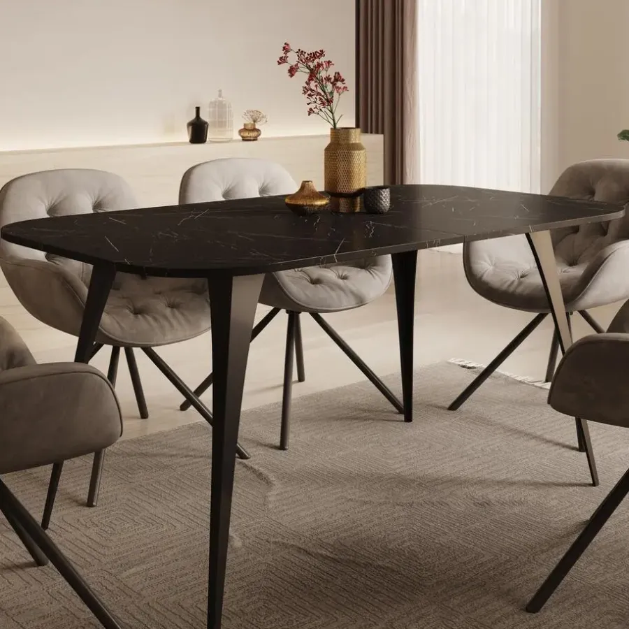 Meubella - Eetkamertafel Flix - Zwart marmer - 160 cm - Uitschuifbaar
