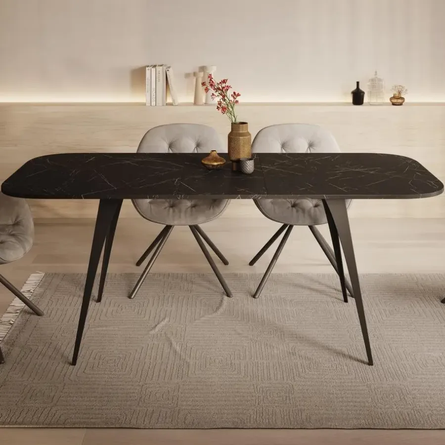 Meubella - Eetkamertafel Flix - Zwart marmer - 160 cm - Uitschuifbaar