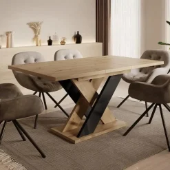 Meubella - Eetkamertafel Xandra - Eiken - Zwart - 160 cm - Uitschuifbaar