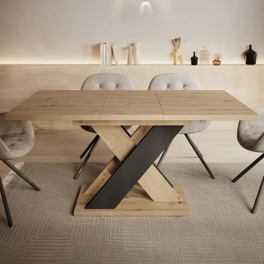 Meubella - Eetkamertafel Xandra - Eiken - Zwart - 160 cm - Uitschuifbaar