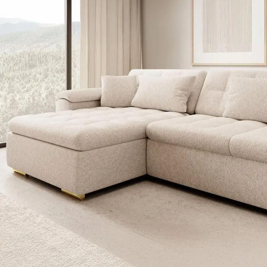 Hoekbanken-Meubella - Hoekbank Nicoreta - Beige - Teddy Boucle - Links