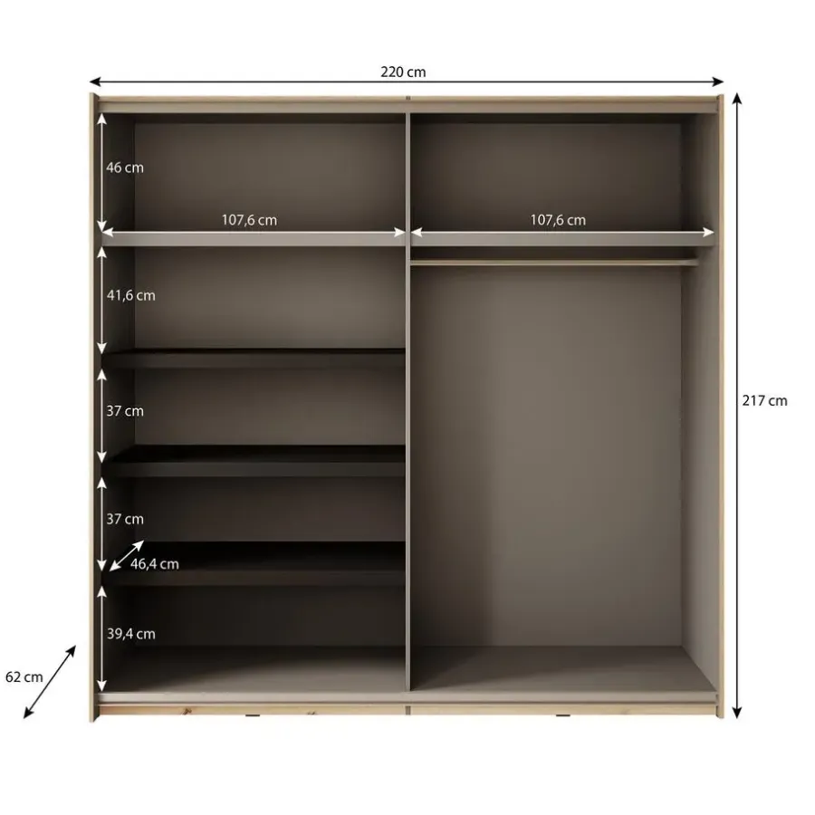 Schuifdeurkasten-Meubella - Kledingkast Adyson - Eiken - 220 cm - Met spiegel